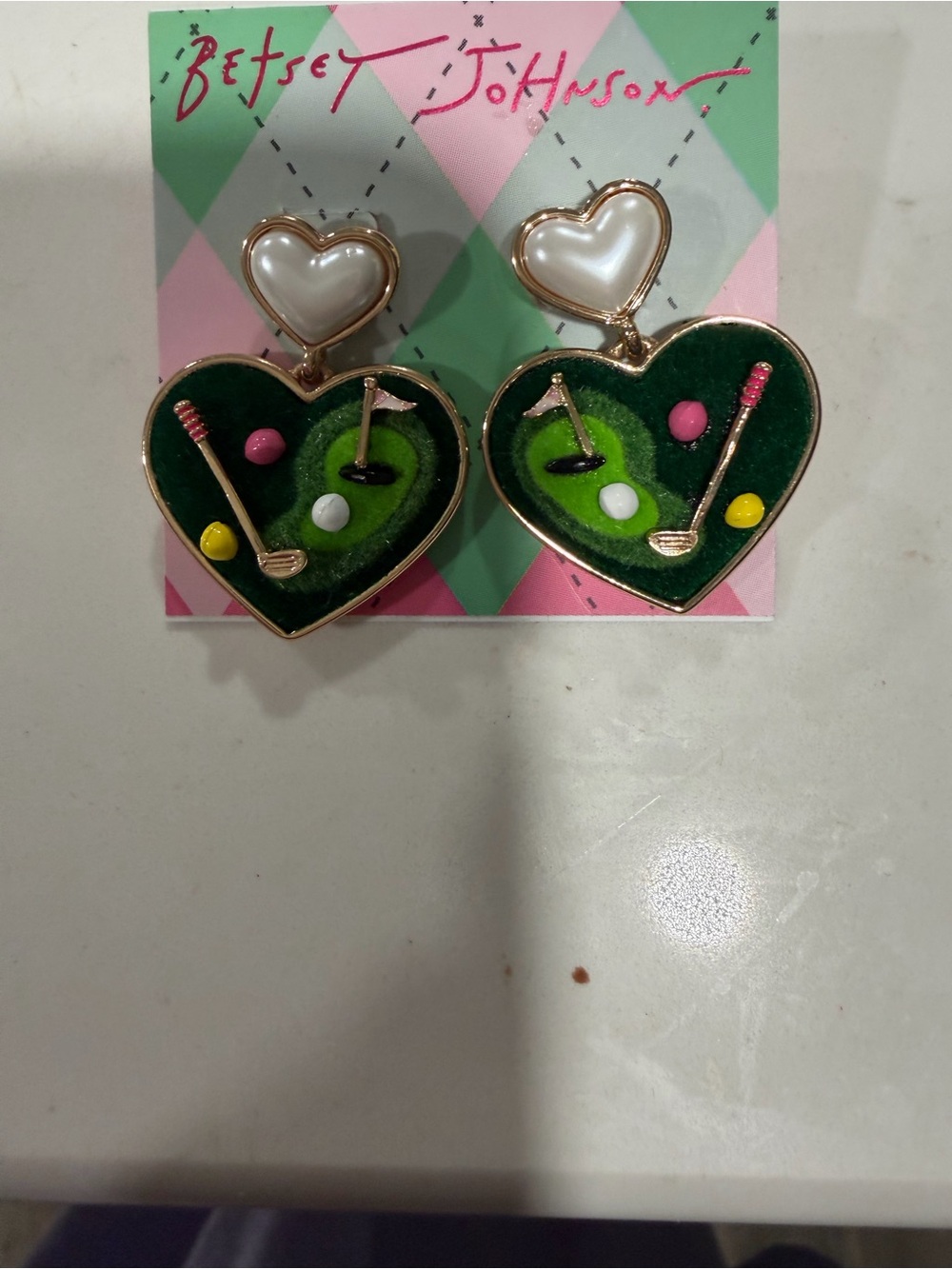 Betsey Johnson Green, Pink, White & Gold Heart Golf Dangle Earrings